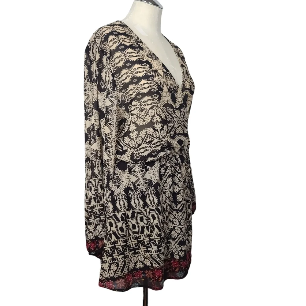 WAYF V Neck Long Sleeve Mini Printed Dress M
